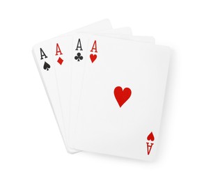 Photo of Four aces and other playing cards isolated on white, top view. Poker game