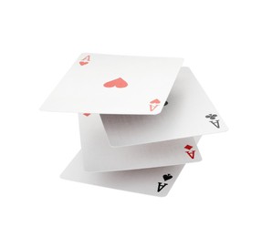 Photo of Four aces playing cards floating on white background. Poker game