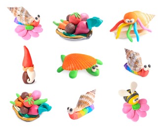 Image of Set with different child's crafts made of plasticine on white background