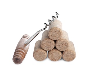 Photo of Corkscrew and stacked wine corks on isolated background