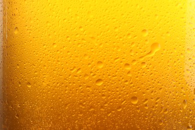Photo of Glass of tasty cold beer with condensation drops as background, closeup