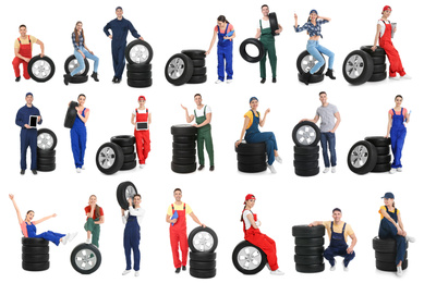 Collage with photos of young mechanics and tires on white background. Auto store 
