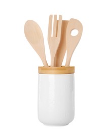 Set of wooden kitchen utensils in holder isolated on white