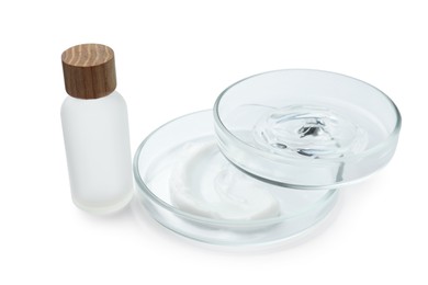 Photo of Petri dishes and cosmetic products on white background