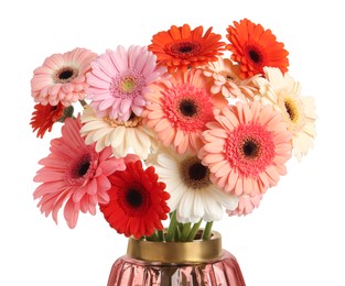 Bouquet of beautiful colorful gerbera flowers in vase on white background