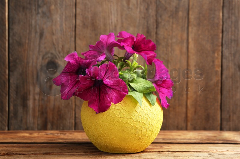 Beautiful pink petunia flowers in plant pot on wooden table