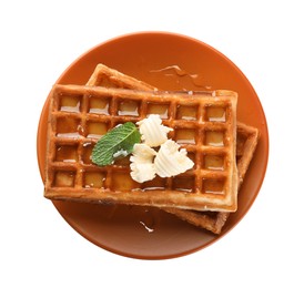 Photo of Delicious Belgian waffles with honey, mint and butter on white background, top view