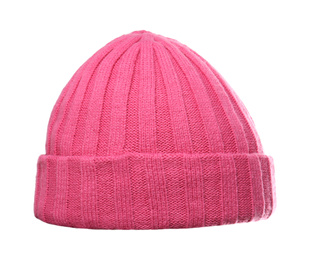 Woman wearing pink knitted hat on white background, closeup. Winter sports clothes