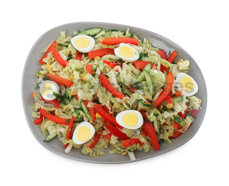 Plate of delicious salad with Chinese cabbage and quail eggs isolated on white, top view