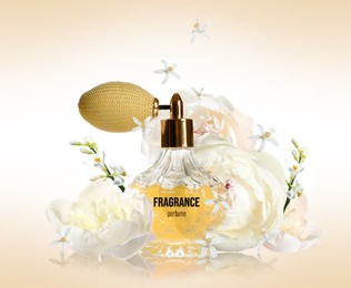 Bottle of luxury perfume and beautiful flowers on beige background