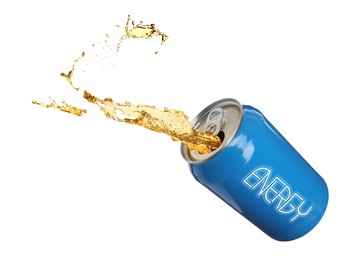 Can of energy drink with splashes on white background