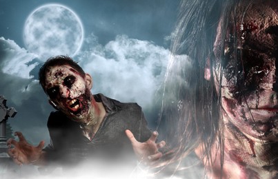 Image of Scary zombies at misty cemetery under full moon. Halloween design 