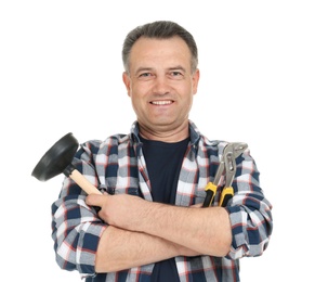 Mature plumber with adjustable wrench and force cup on white background