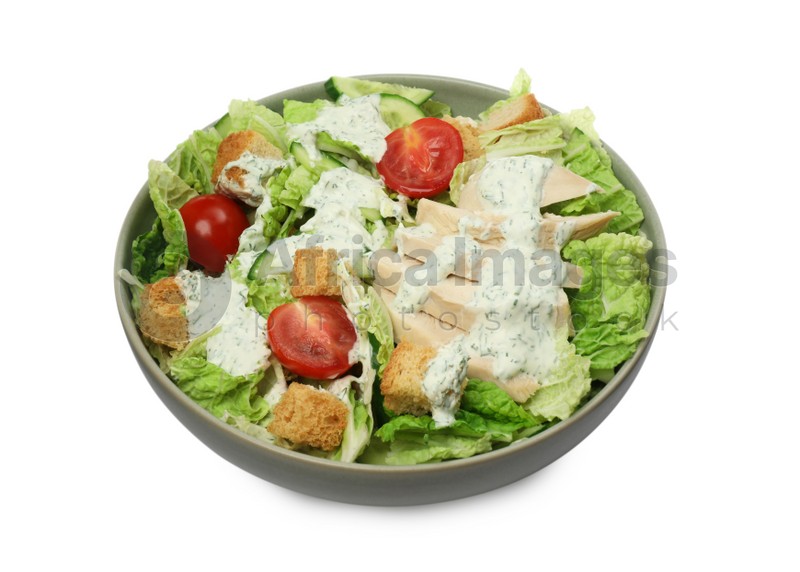 Bowl of delicious salad with Chinese cabbage, cucumber, meat and tomatoes isolated on white