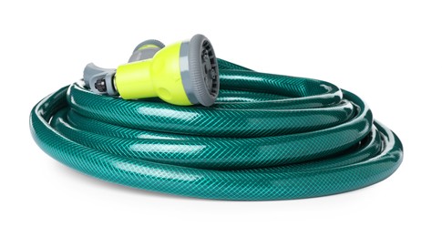 Green rubber watering hose with nozzle isolated on white