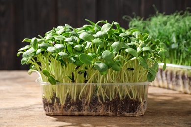 Photo of Fresh organic microgreen in plastic containers on wooden table, closeup