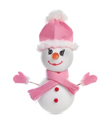 Decorative snowman with pink hat, scarf and mittens isolated on white