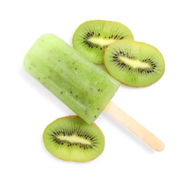 Tasty kiwi ice pop isolated on white, top view. Fruit popsicle