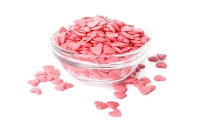 Sweet candy hearts in bowl on white background