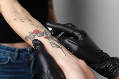 Worker in gloves applying cream on woman's arm with tattoo against light background, closeup