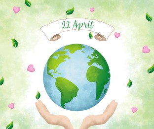 Happy Earth day. Human holding hands under planet on color background with leaves and hearts, illustration