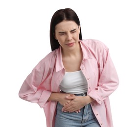 Woman suffering from appendicitis inflammation on white background