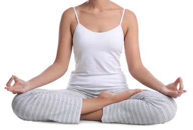 African-American woman meditating on white background, closeup