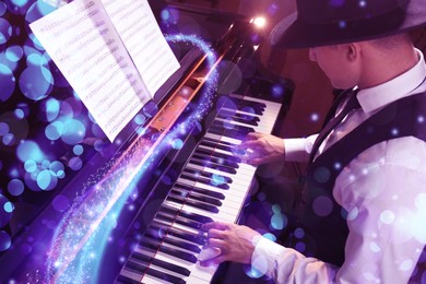 Man playing piano indoors, above view. Bokeh effect
