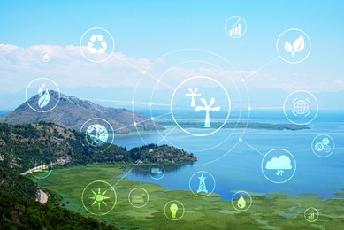 Digital eco icons and beautiful cove on sunny day