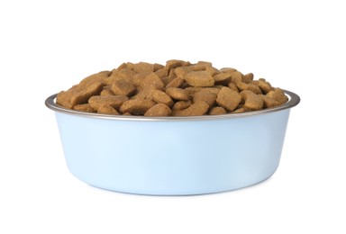 Dry dog food in pet bowl isolated on white
