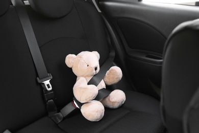 Photo of Child's toy bear buckled with safety belt on car backseat. Prevention of danger