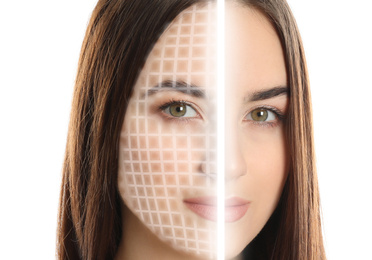Facial recognition system. Woman with digital biometric grid on white background, closeup