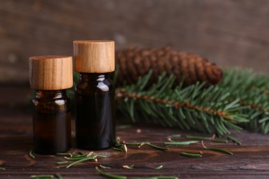 Bottles of aromatic essential oil, pine branches and cone on wooden table, closeup