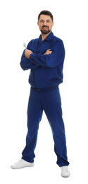 Photo of Full length portrait of professional auto mechanic with wrench on white background