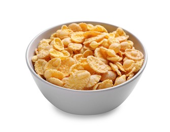 Bowl of tasty crispy corn flakes isolated on white