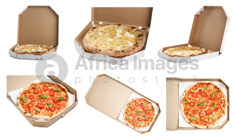 Set with different delicious hot pizzas in cardboard boxes on white background. Food delivery