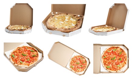 Set with different delicious hot pizzas in cardboard boxes on white background. Food delivery