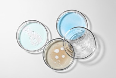 Photo of Petri dishes with color liquids on white background, flat lay