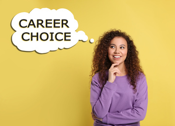 Image of African American woman thinking about career choice on yellow background