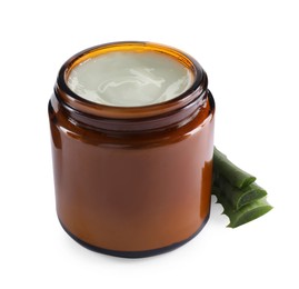 Jar of hand cream and aloe on white background