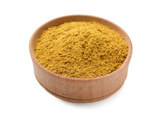 Aromatic turmeric powder in wooden bowl on white background