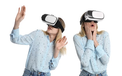 Young woman using virtual reality headset on white background, collage 