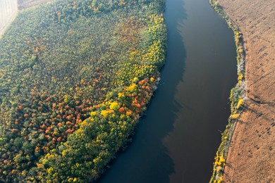 Aerial view of beautiful autumn forest, river and field