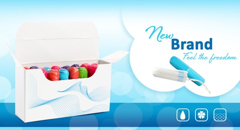 Tampons in package on color background, banner design. Mockup for your brand 