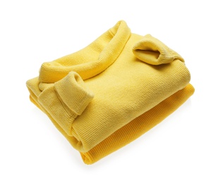 Photo of Yellow woolen sweaters on white background. Warm clothes