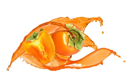 Splashing tasty sweet persimmon juice and fruits on white background
