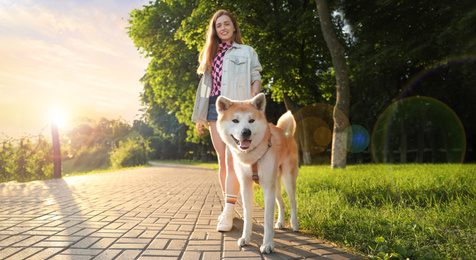 Young woman walking her cute Akita Inu dog in park on sunny day, banner design. Lovely pet
