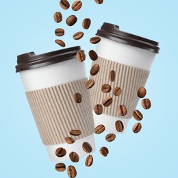 Coffee to go. Paper cups and roasted beans flying on light blue background