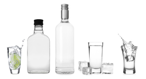 Set with bottles and shots of vodka on white background. Banner design