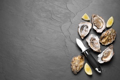 Fresh oysters with lemon and knife on black table, flat lay. Space for text